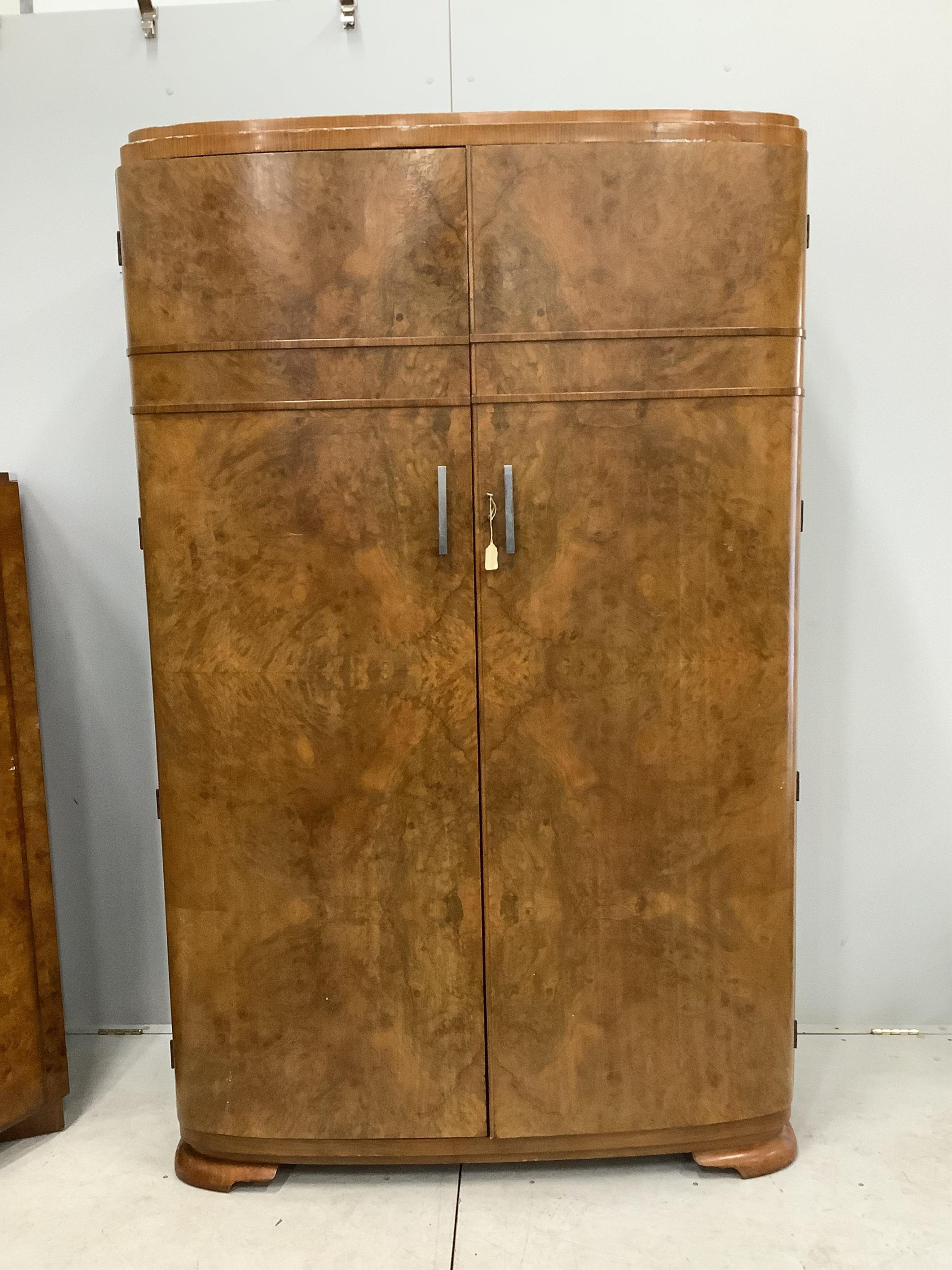 An Art Deco style walnut wardrobe and a gentleman's wardrobe, larger width 124cm, depth 52cm, height 194cm. Condition - fair